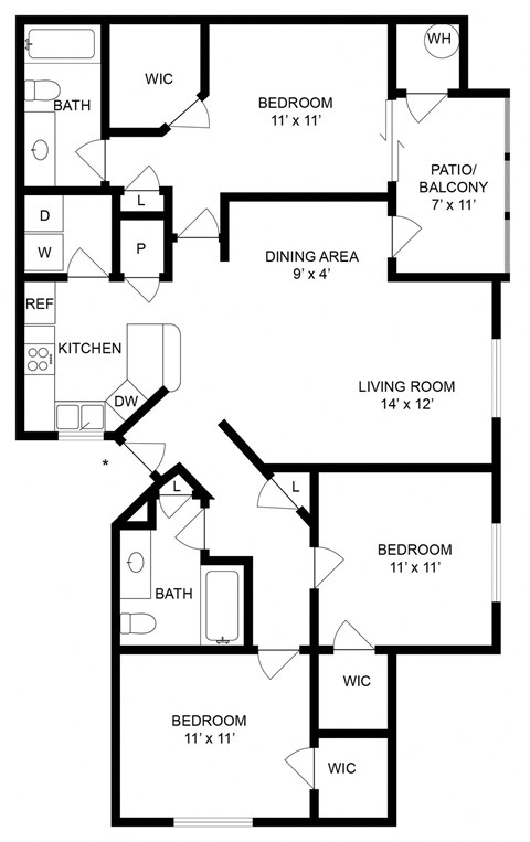 Floor plan for 3 beds, 2 baths, 1199 sqft